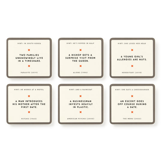 Mini Poorly Explained Movies - Horror Edition by Brass Monkey is a fun horror card game featuring six square cards with movie hints and witty plot summaries. Includes references to Parasite, Aliens, Hereditary, Psycho, American Psycho, and The Menu.