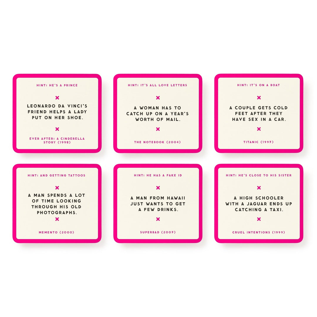 Mini Poorly Explained Movies – Y2K Edition by Brass Monkey includes six pink-bordered cards, each with a movie hint and description, title, and year. Great for parties, the cards reference classic Y2K films like Titanic, Memento, and The Notebook.