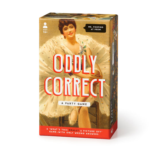 A game box with a vintage-style woman in a white dress features the Brass Monkey Oddly Correct Party Game—an adult game where players guess what's pictured, but only wrong answers count.