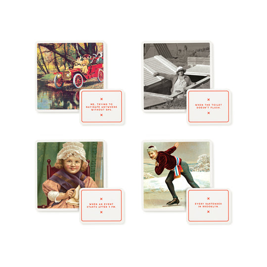 A set of four vintage-style images with witty captions about modern hassles—like using Google Maps or fixing toilets—captures the quirky vibe of Brass Monkey’s Oddly Correct Party Game, perfect for your next funny adult game night.