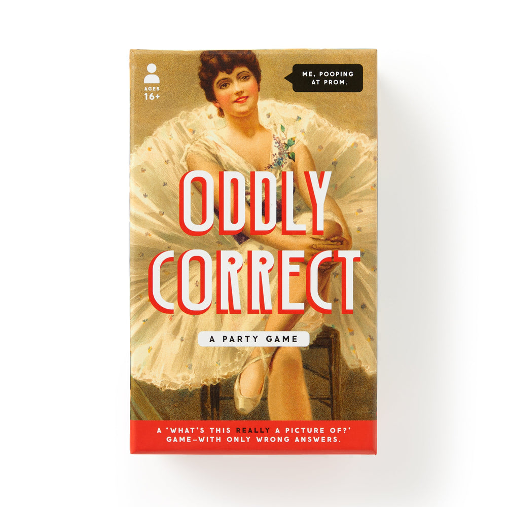 A vintage-style game box features a smiling woman in a light dress. "Oddly Correct Party Game" by Brass Monkey stands out in red and white, with the subtitle "A Funny Card Game for adults." Suitable for ages 16+.