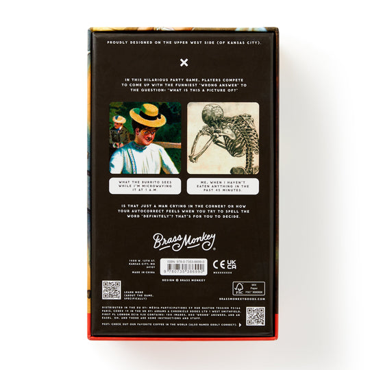 The back of the Oddly Correct Party Game by Brass Monkey shows a man holding a squirrel and a bird skeleton. Text highlights it as an adult board game, with branding, instructions, and QR codes at the bottom.