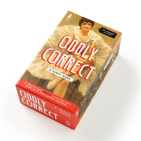 The Oddly Correct Party Game by Brass Monkey comes in a retro box with vintage-style art of a woman in a cream dress, red and white text, and classic design touches—perfect for adding fun to your next game night.