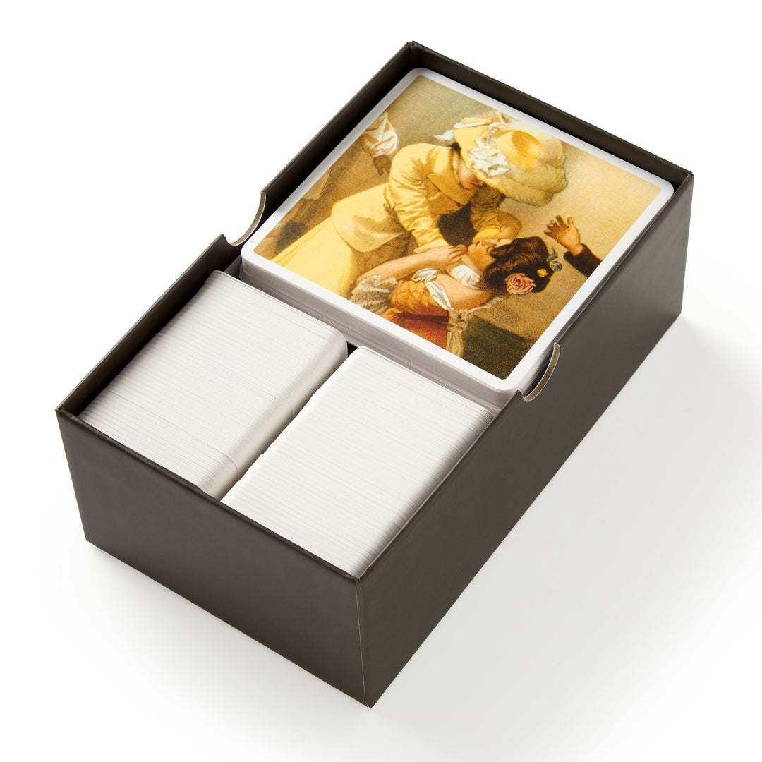 The Oddly Correct Party Game by Brass Monkey comes in a black box with three stacks of blank white cards and a stack featuring vintage-style art—perfect for your next funny card game or party night.