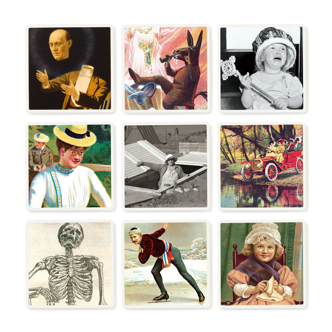 A grid of nine vintage illustrations from Brass Monkey’s Oddly Correct Party Game features a man with a scroll, a kangaroo, and more quirky characters—capturing the playful spirit that sparks creativity and laughter.