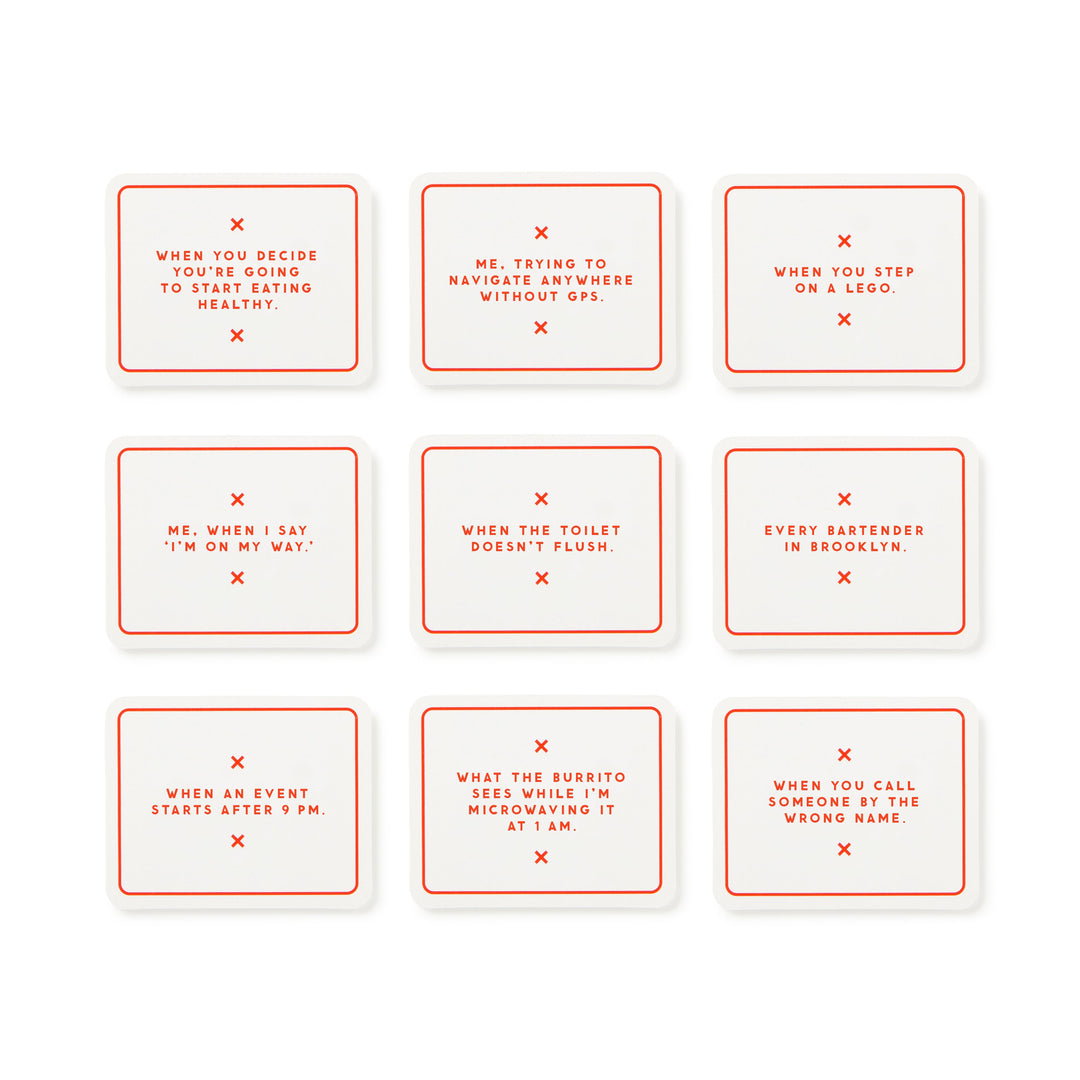 Nine white cards with red borders and text from Brass Monkey’s Oddly Correct Party Game, each featuring a funny scenario—like stepping on a Lego—are arranged in a 3x3 grid. A perfect, hilarious card game for adults’ parties!.