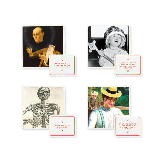 Brass Monkey's Oddly Correct Party Game features four vintage-style images—a monk, crowned laughing child, skeleton, and boy in a straw hat—each paired with a humorous prompt card. Ideal for anyone seeking a funny and unique party game!.