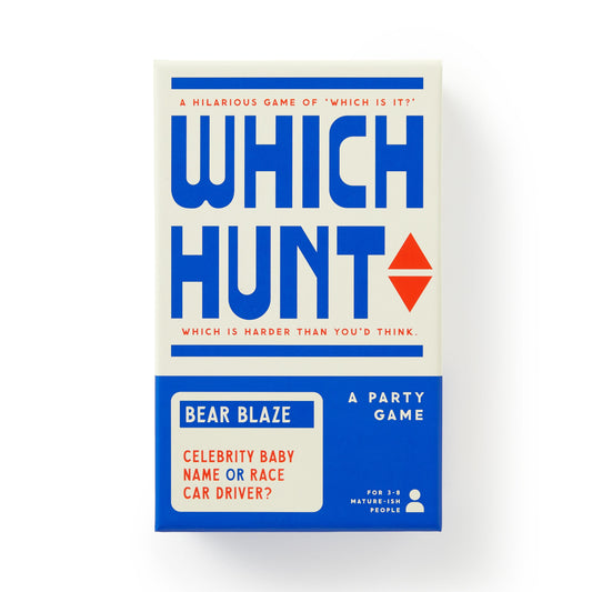 Brass Monkey's Which Hunt Party Game: A hilarious party challenge of deciding "Which is it?"—harder than you'd think! Example: Bear Blaze—celebrity baby name or race car driver? For 2-50 players.