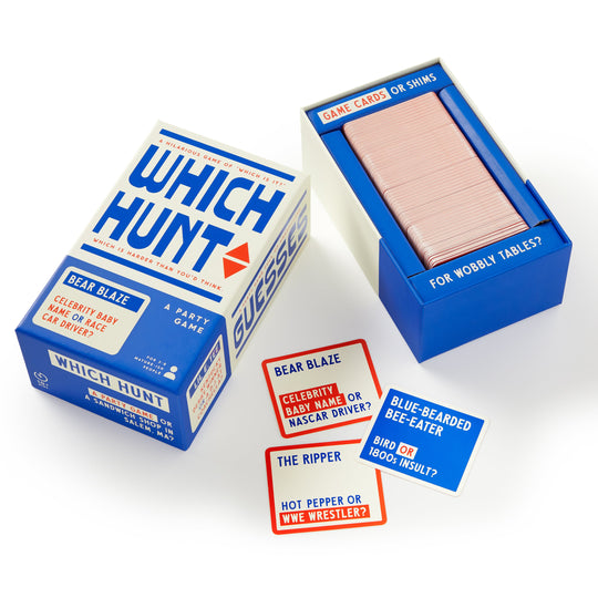 The Which Hunt Party Game by Brass Monkey is shown with its box, an open deck in a blue tray, and four sample cards featuring funny adult prompts about celebrities, bird species, and hot peppers.