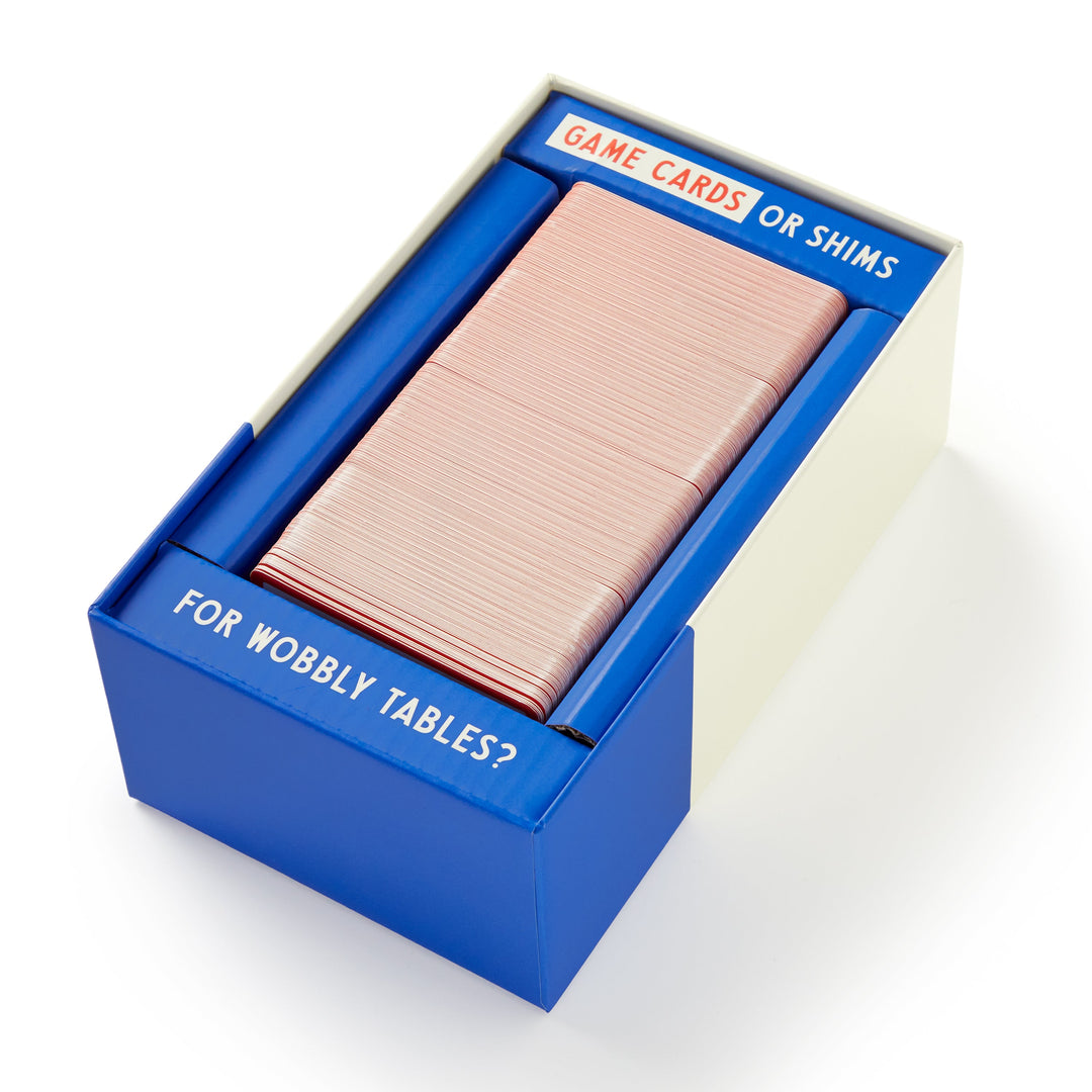 A box of Brass Monkey’s Which Hunt Party Game cards—perfect for game night, shimming a table, or enjoying hilarious adult fun. The neatly stacked cards come in a blue and white box.