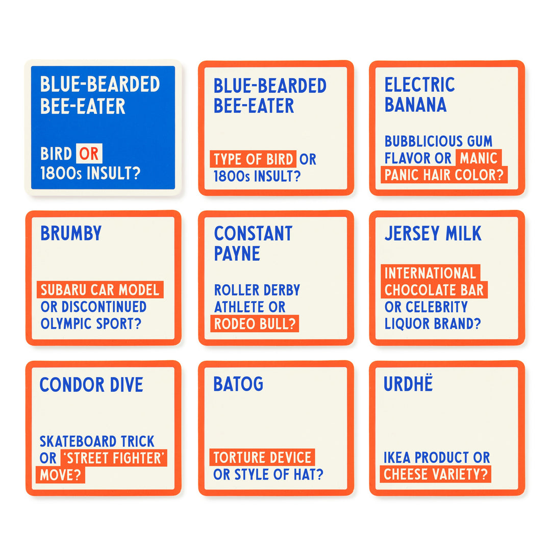 A grid of nine blue and orange-bordered cards, each with a term and two meanings, makes Brass Monkey’s Which Hunt Party Game a hilarious adult party game for fans of quirky challenges or creative bird species card games.