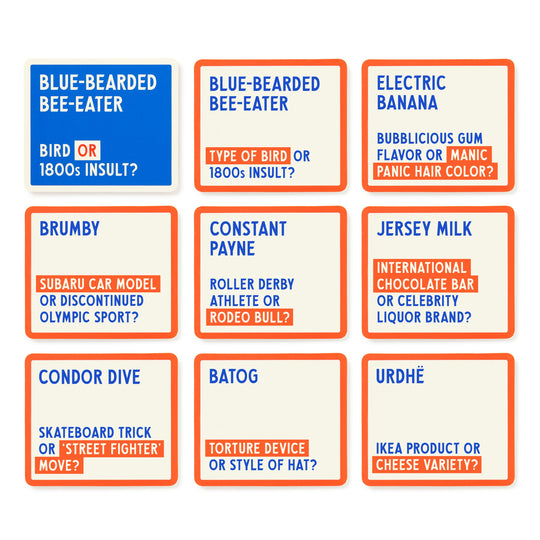 A grid of nine blue and orange-bordered cards, each with a term and two meanings, makes Brass Monkey’s Which Hunt Party Game a hilarious adult party game for fans of quirky challenges or creative bird species card games.