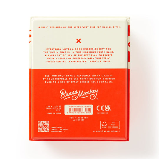 The back of the Not Today, Murder Game box by Brass Monkey shows descriptive text for a hilarious murder mystery party game, with logos, a barcode, and age suitability info near the bottom in red and white.