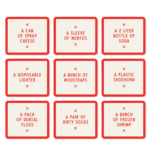 Nine red-bordered cards from Brass Monkeys Not Today, Murder Game show quirky items like spray cheese, Mentos, soda, and a lighter in a 3x3 grid on white—great as hilarious props or for a unique party game experience.
