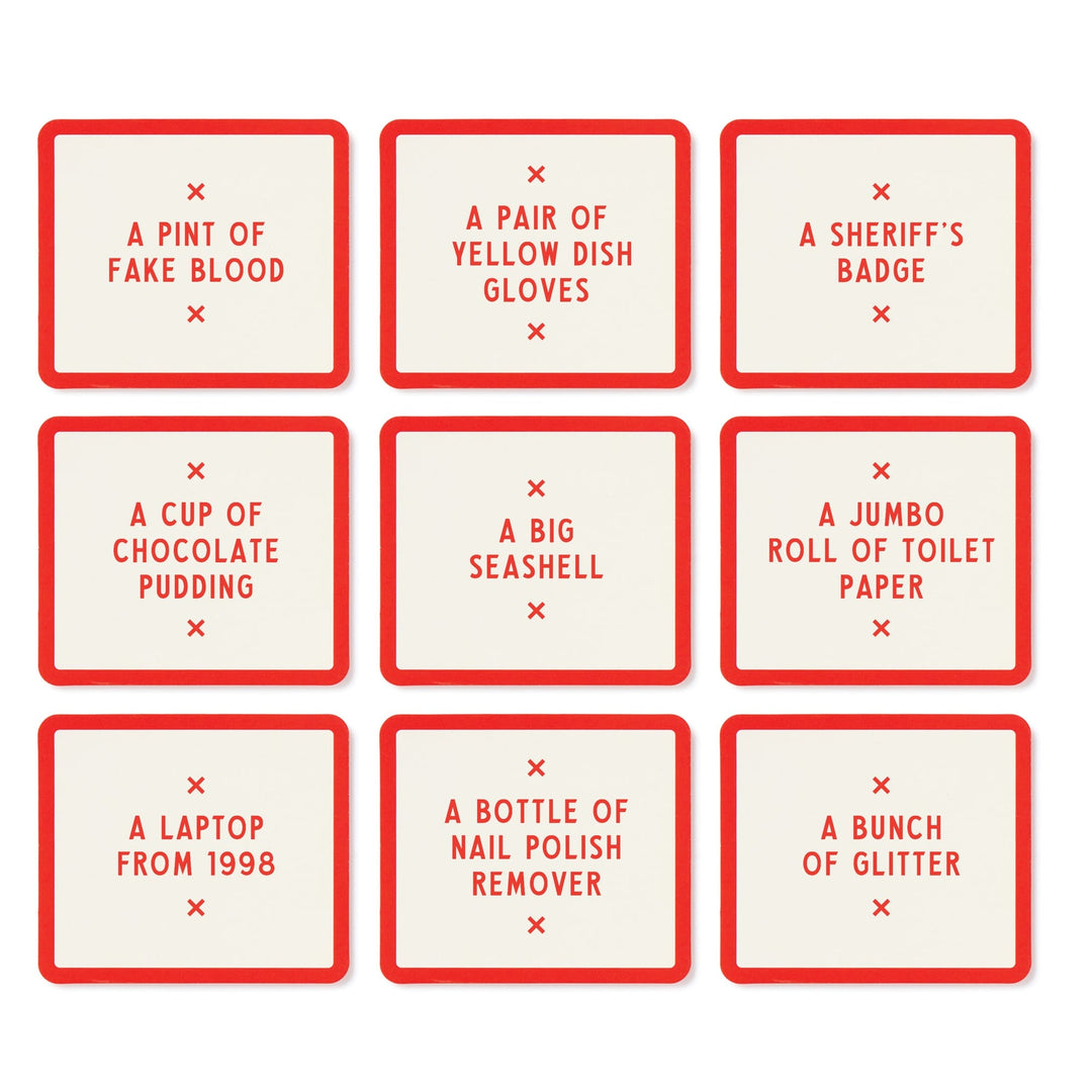 Nine red-bordered cards from Brass Monkey’s Not Today, Murder Game each list a unique item in red text—like fake blood, chocolate pudding, or a sheriff’s badge—ideal props for your next hilarious murder mystery.