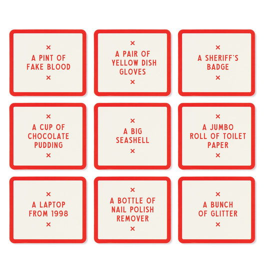Nine red-bordered cards from Brass Monkey’s Not Today, Murder Game each list a unique item in red text—like fake blood, chocolate pudding, or a sheriff’s badge—ideal props for your next hilarious murder mystery.