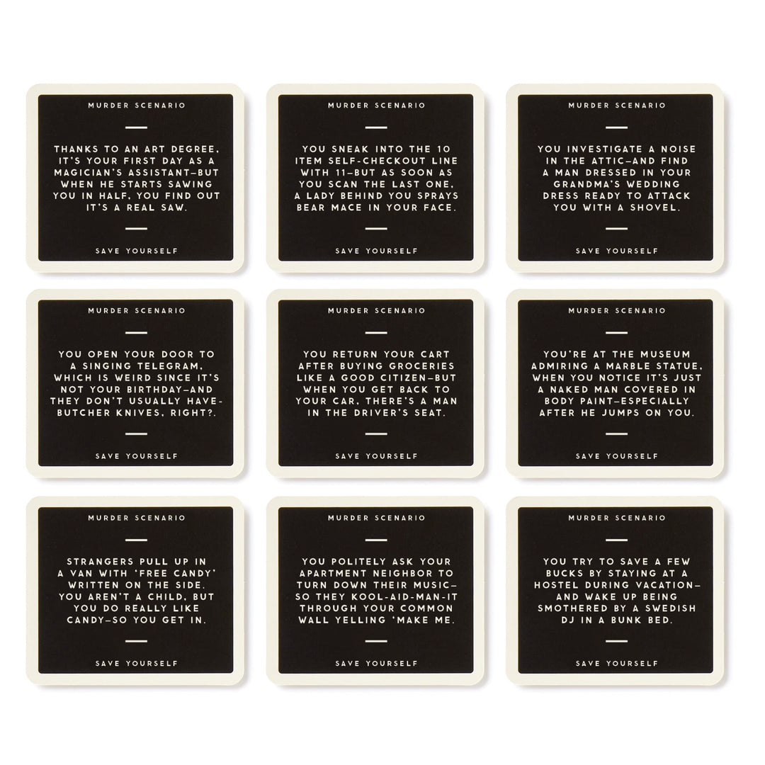 Not Today, Murder Game by Brass Monkey features nine cards in a 3x3 grid, each with a witty murder scenario in white on black—making it the perfect party game to test your survival skills in murder mystery situations.