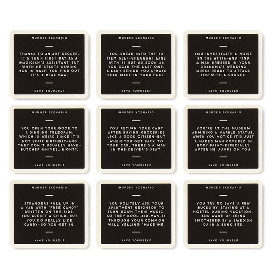 Not Today, Murder Game by Brass Monkey features nine cards in a 3x3 grid, each with a witty murder scenario in white on black—making it the perfect party game to test your survival skills in murder mystery situations.
