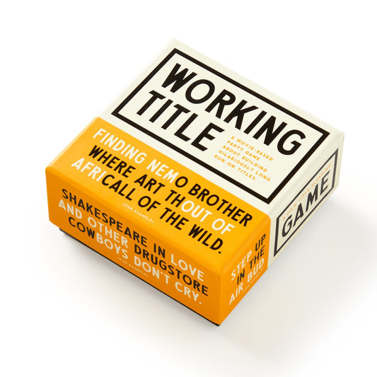The Working Title Game by Brass Monkey is a hit party card game with bold black and white text on a yellow and white box, featuring mash-up movie titles like “Finding Nemo Brother Where Art Thou” and “Shakespeare in Love and Other Drugs.”.