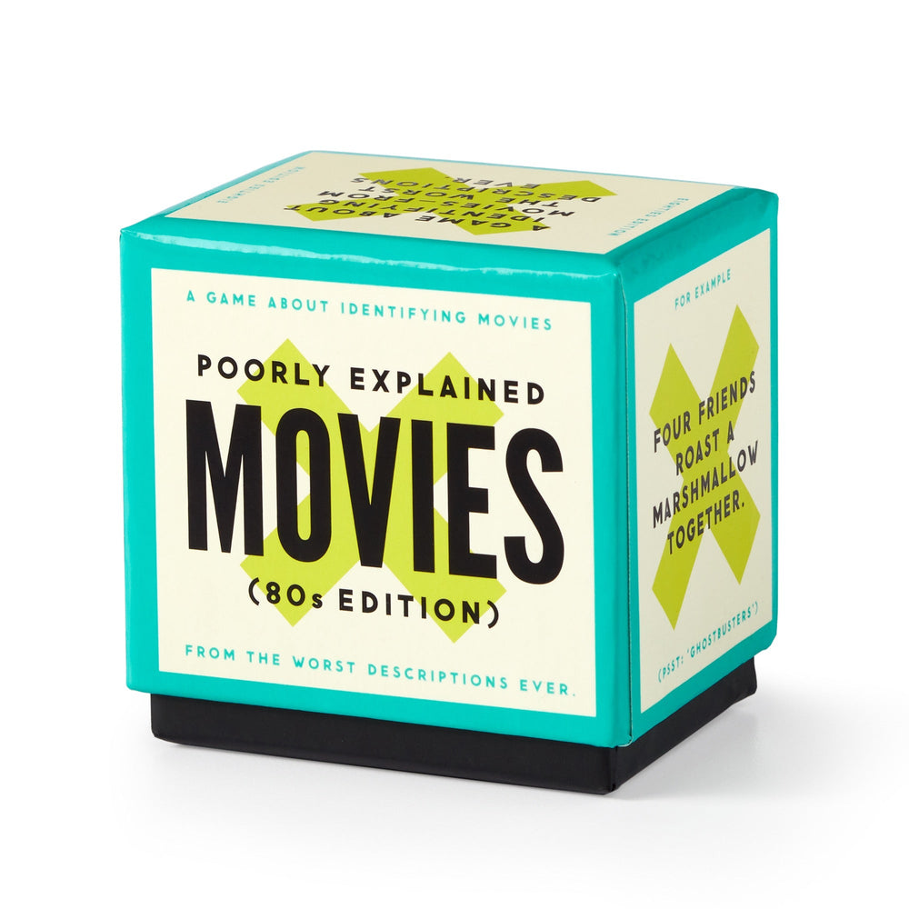 A turquoise and cream Mini Poorly Explained Movies - 80s Edition box by Brass Monkey sits on a white background. This party game challenges you to guess iconic ‘80s films from hilariously vague descriptions.