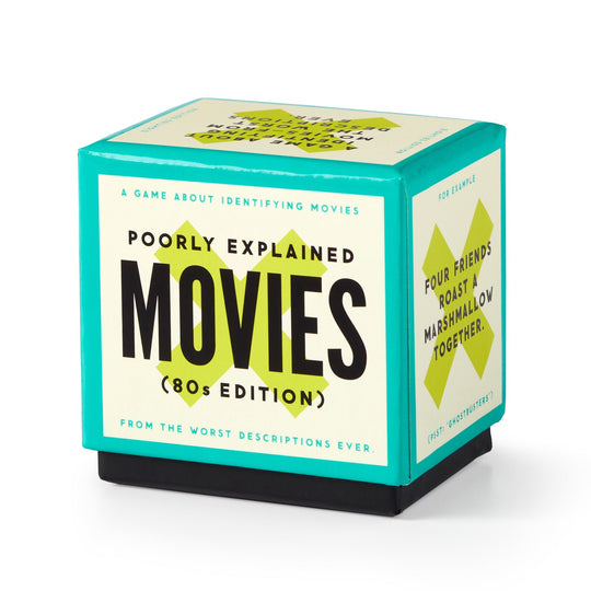A turquoise and cream Mini Poorly Explained Movies - 80s Edition box by Brass Monkey sits on a white background. This party game challenges you to guess iconic ‘80s films from hilariously vague descriptions.