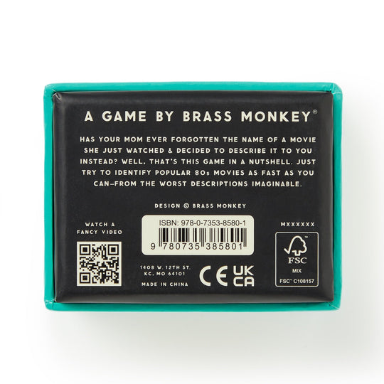 A turquoise box with white text describes Mini Poorly Explained Movies - 80s Edition by Brass Monkey, a party game where players guess 80s movies from clever clues. The box also shows an ISBN barcode, FSC label, and company details.