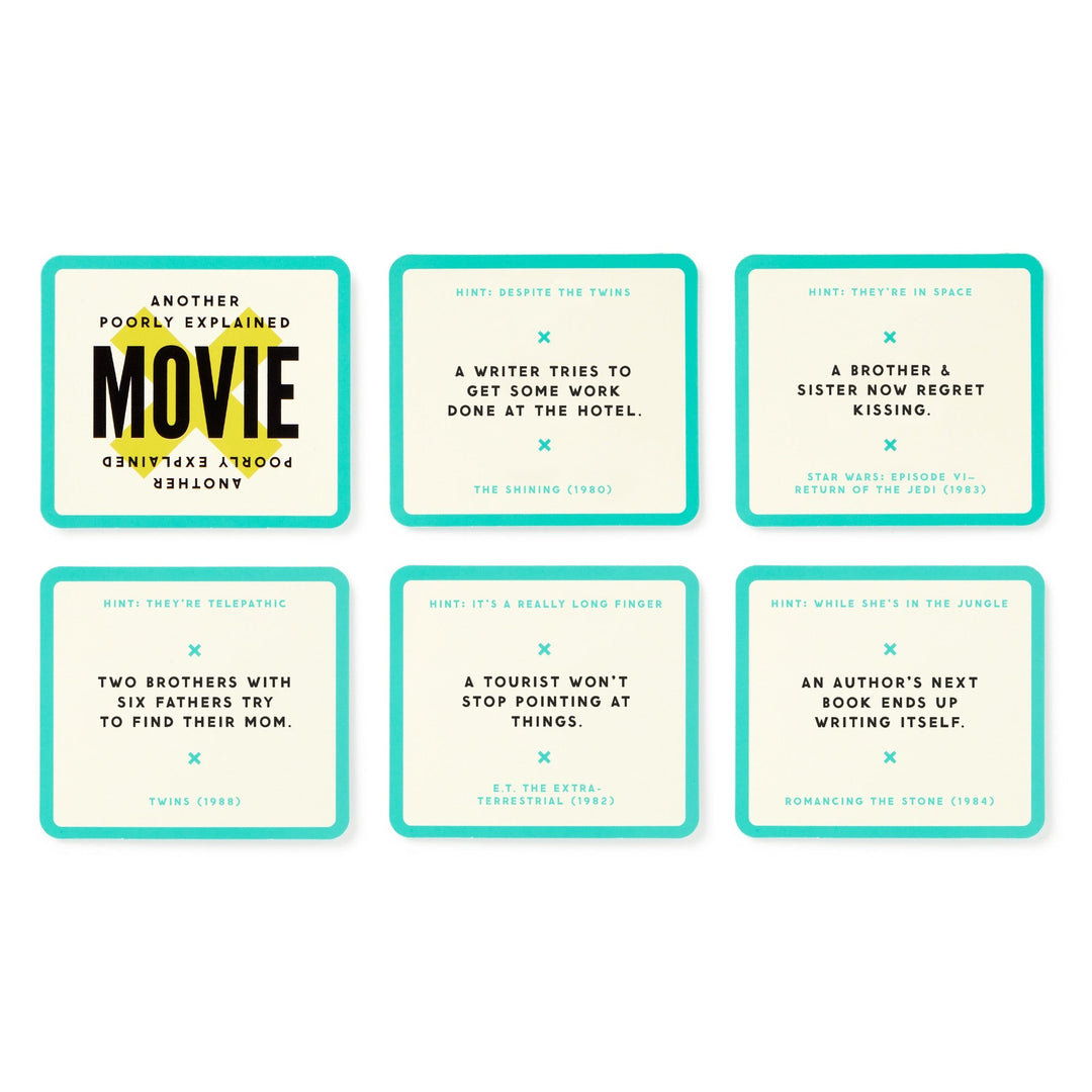 Six cards from Brass Monkey’s Mini Poorly Explained Movies - 80s Edition are shown, each with a quirky summary and the movie title plus year in parentheses. The center card says “Another Poorly Explained Movie.”.