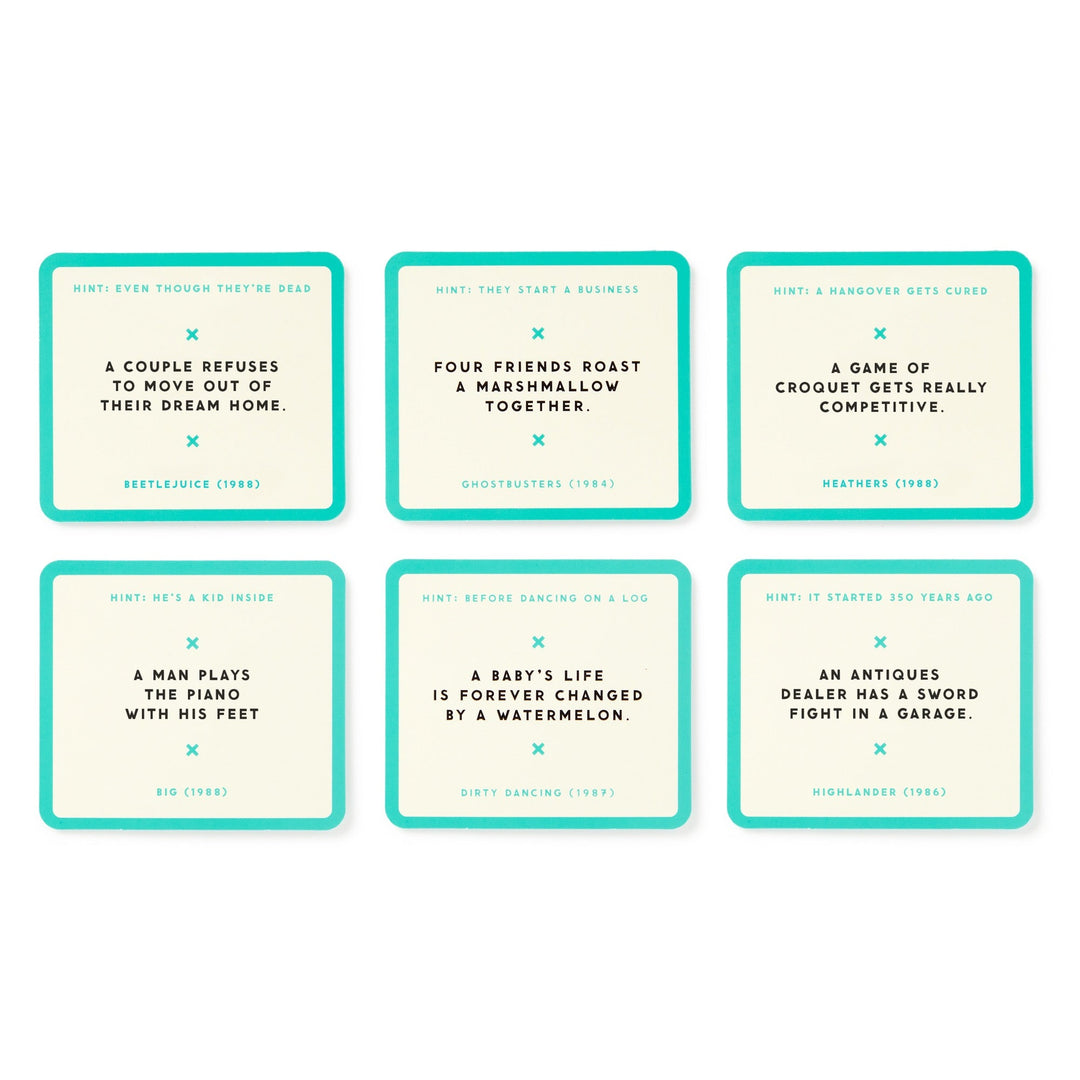 Mini Poorly Explained Movies - 80s Edition by Brass Monkey features six teal-bordered cards with movie hints, clues, and titles like Beetlejuice (1988) and Heathers (1989), arranged in two rows for a nostalgic party game.