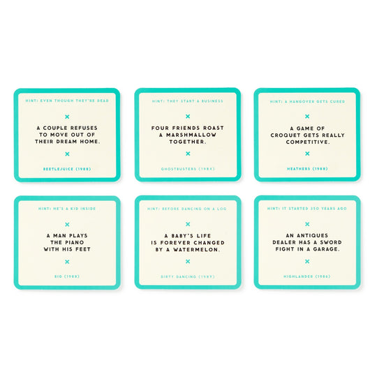 Mini Poorly Explained Movies - 80s Edition by Brass Monkey features six teal-bordered cards with movie hints, clues, and titles like Beetlejuice (1988) and Heathers (1989), arranged in two rows for a nostalgic party game.