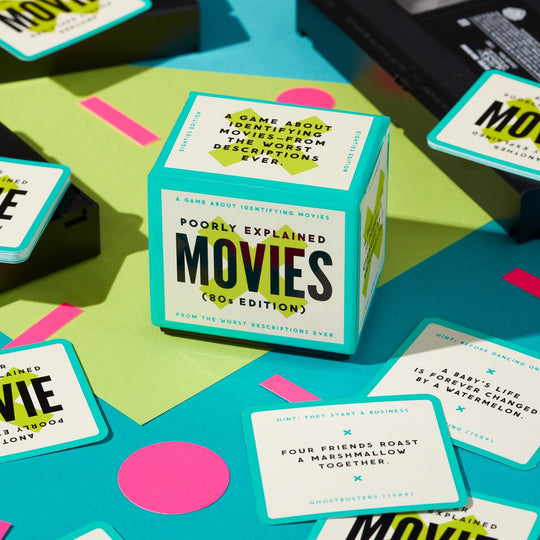 The Mini Poorly Explained Movies - 80s Edition by Brass Monkey is a colorful board game, featuring quirky 80s movie cards—an ideal party game night pick for film fans.