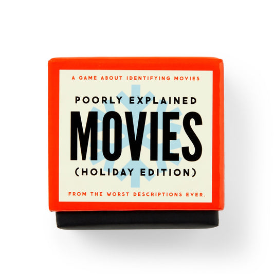 A red box for Brass Monkey’s Mini Poorly Explained Movies - Holiday Edition, featuring the tagline A game about identifying holiday movies from the worst movie summaries ever, with bold black and blue text.