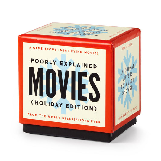 Brass Monkey’s Mini Poorly Explained Movies - Holiday Edition is a boxed party game with bold red, blue, and cream design that challenges players to guess holiday movies from hilariously bad summaries.