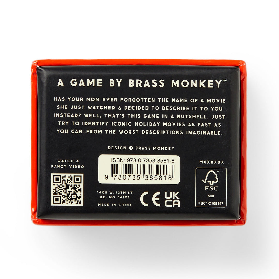 The back of a Brass Monkey Mini Poorly Explained Movies - Holiday Edition game box features holiday movie summaries to guess the title. Includes QR code, ISBN, barcode, recycling symbols, and manufacturer details. Perfect for holiday movie fans!.