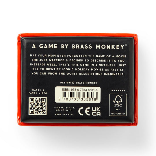 The back of a Brass Monkey Mini Poorly Explained Movies - Holiday Edition game box features holiday movie summaries to guess the title. Includes QR code, ISBN, barcode, recycling symbols, and manufacturer details. Perfect for holiday movie fans!.