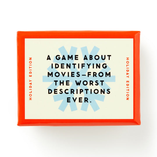 A rectangular game box with a red border labeled Mini Poorly Explained Movies - Holiday Edition by Brass Monkey. The box says: A party game about identifying holiday movies from the worst movie summaries ever.
