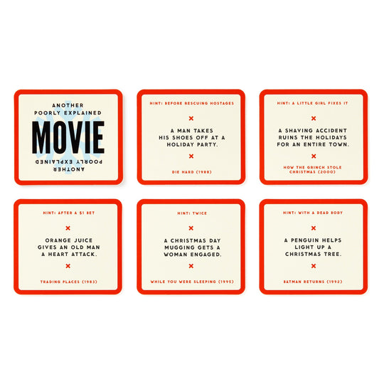 Mini Poorly Explained Movies - Holiday Edition by Brass Monkey is a party game with six red-bordered cards, each offering cryptic hints and answers for holiday classics like Die Hard, Trading Places, The Grinch, and more.