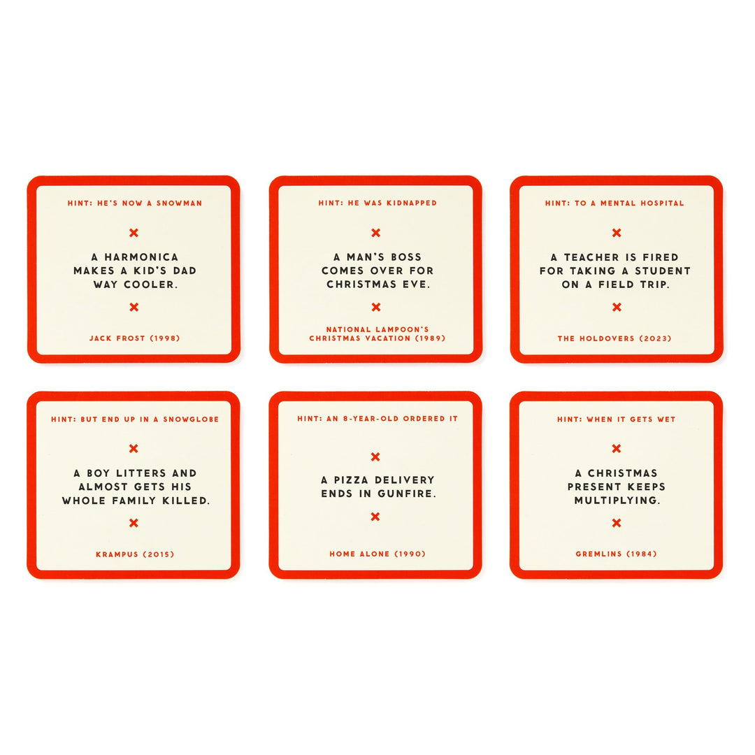 Brass Monkey’s Mini Poorly Explained Movies - Holiday Edition features six red-bordered cards, each with a cryptic clue about a holiday movie like Home Alone—answers included. It’s the perfect party game for film fans.