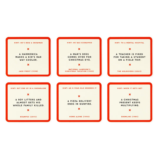 Brass Monkey’s Mini Poorly Explained Movies - Holiday Edition features six red-bordered cards, each with a cryptic clue about a holiday movie like Home Alone—answers included. It’s the perfect party game for film fans.
