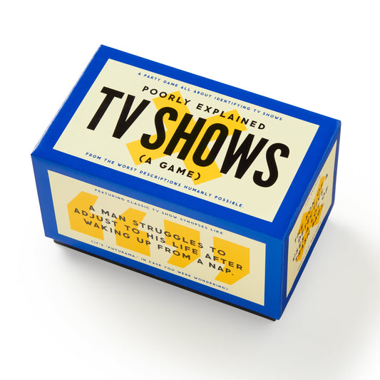 A blue and yellow Brass Monkey box titled "Poorly Explained TV Shows Game," a hilarious party game with the tagline "from the worst descriptions humanly possible." Side text: Adam struggles to adjust his life after waking up from ana–.