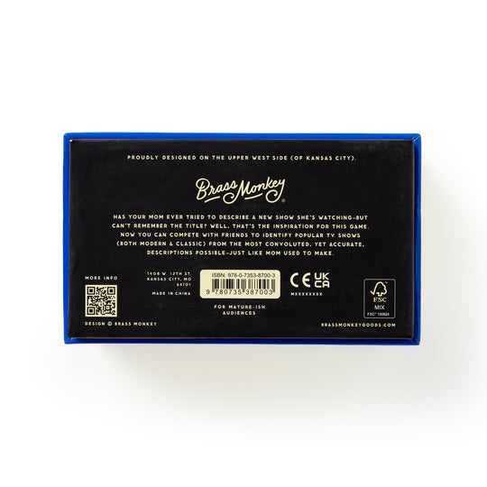 The back of the Poorly Explained TV Shows Game by Brass Monkey features a white description, barcode, QR codes, and certification symbols on a black background with blue border—ideal for pop culture and TV fans.
