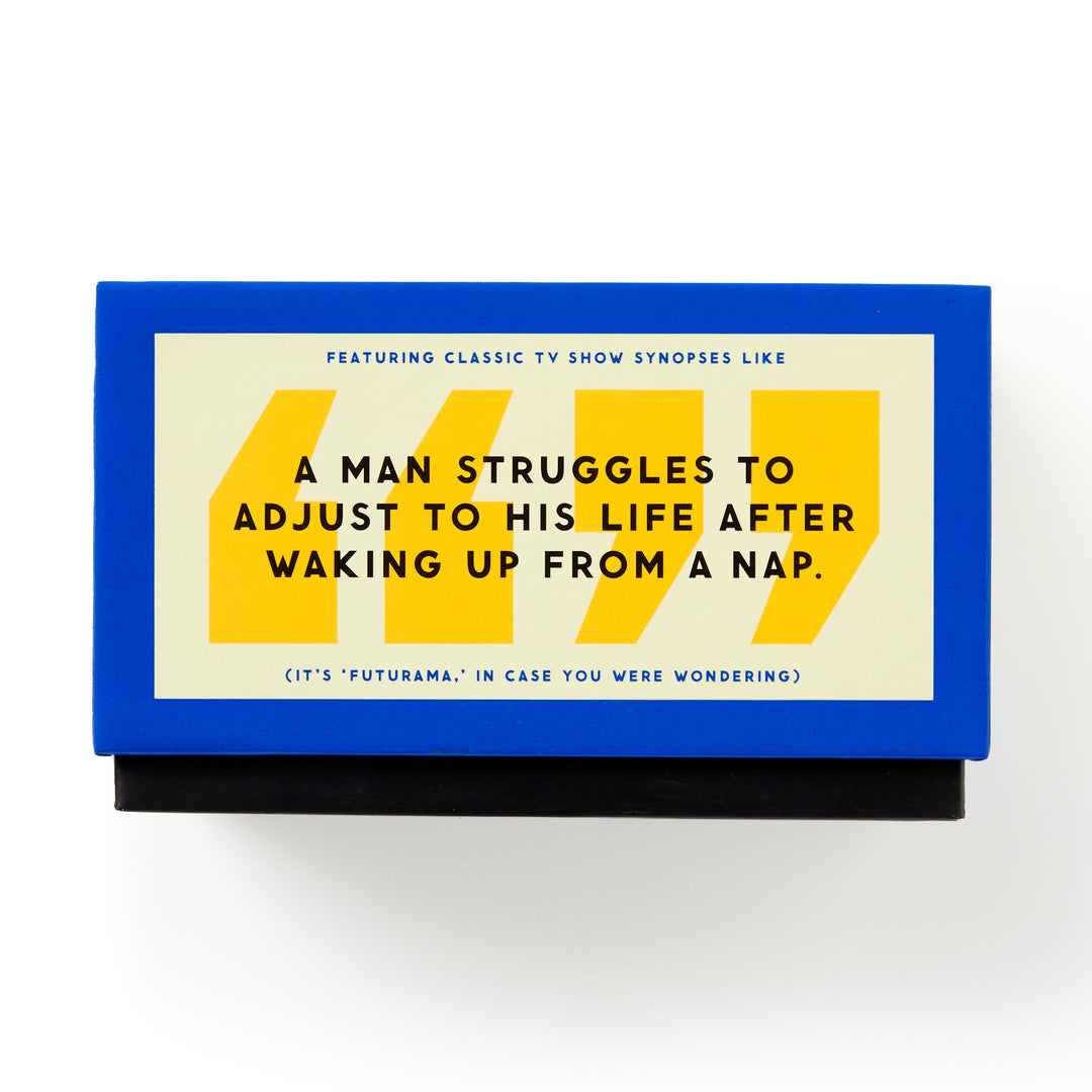 A blue and yellow box features text: A man struggles to adjust after waking from a nap. Small details parody classic TV synopses, revealing it's from Brass Monkey’s Poorly Explained TV Shows Game—Futurama edition.