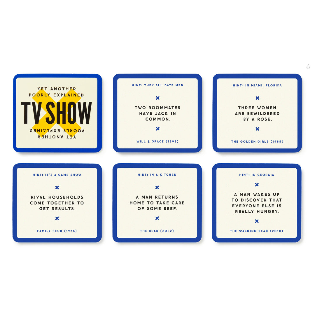 Brass Monkey’s "Poorly Explained TV Shows Game" features 6 blue-bordered cards with funny, pop culture-inspired prompts about shows like Will & Grace, The Golden Girls, Family Feud, The Bear & The Walking Dead—a perfect party game!.