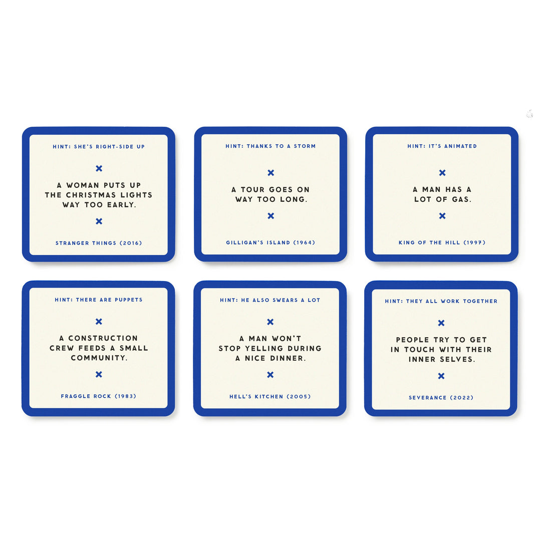 Six rectangular blue-bordered cards from Brass Monkey’s Poorly Explained TV Shows Game feature cryptic hints and titles for shows like Stranger Things, Gilligan’s Island, King of the Hill, Fraggle Rock, Hell’s Kitchen, and Severance—party fun guaranteed!.