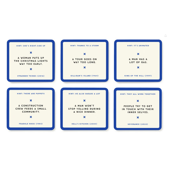 Six rectangular blue-bordered cards from Brass Monkey’s Poorly Explained TV Shows Game feature cryptic hints and titles for shows like Stranger Things, Gilligan’s Island, King of the Hill, Fraggle Rock, Hell’s Kitchen, and Severance—party fun guaranteed!.