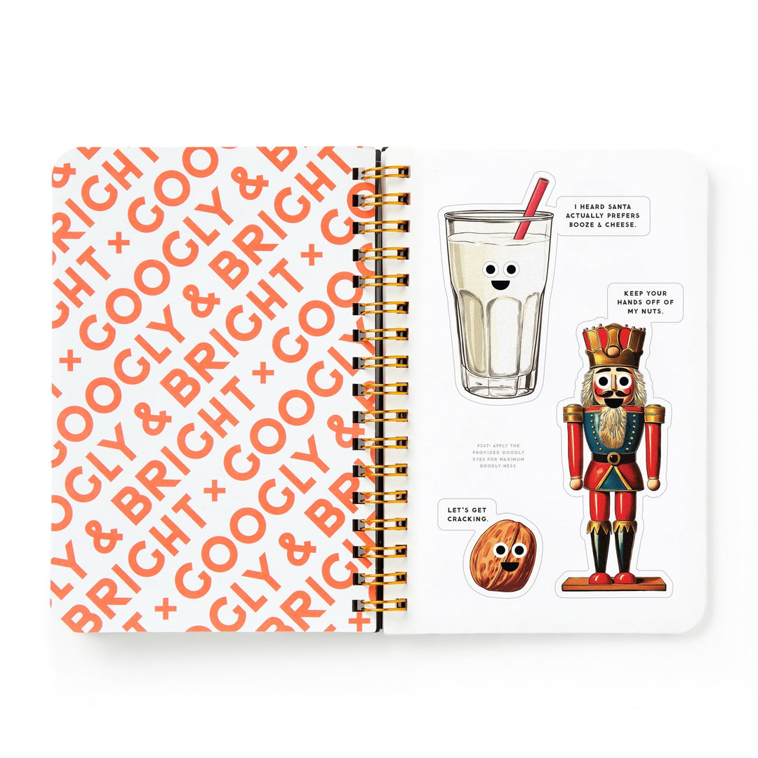 An open Googly & Bright Holiday Sticker Book by Brass Monkey displays the title in bold orange on the left, and large festive stickers—a milkshake, nutcracker, and cookie with playful speech bubbles—on the right.