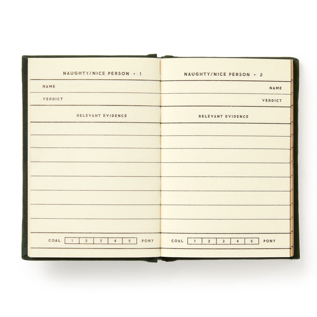 The Brass Monkey Naughty and/or Nice Tiny Diary is a pocket-sized Christmas journal with pages for two people, each offering space for names, verdicts, evidence, and a playful coal-to-pony rating scale.