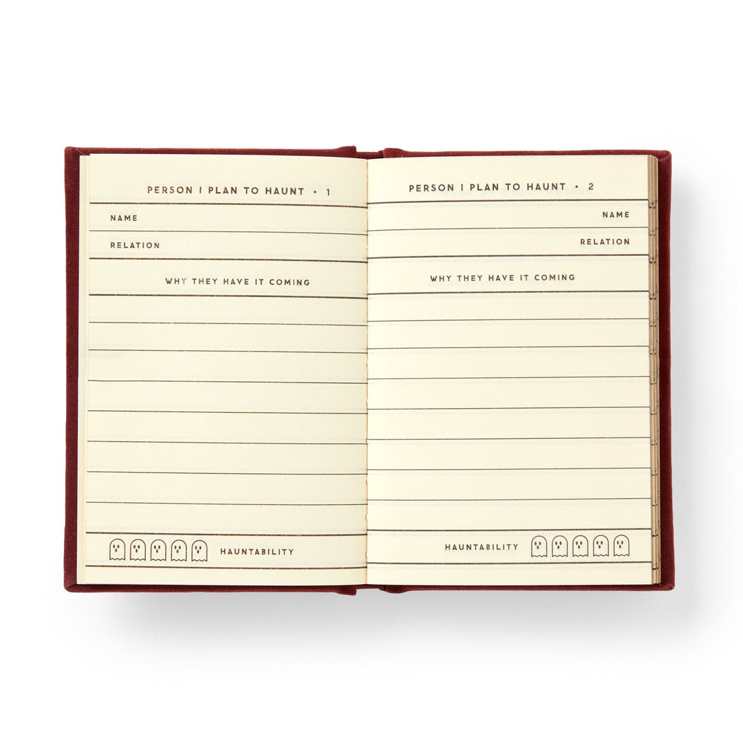 The Brass Monkey People I Plan To Haunt Tiny Diary is a spooky stationery featuring ghostly pages to list names, relations, reasons "why they have it coming," and a Hauntability rating with ghost icons—ideal for your haunting plans!.