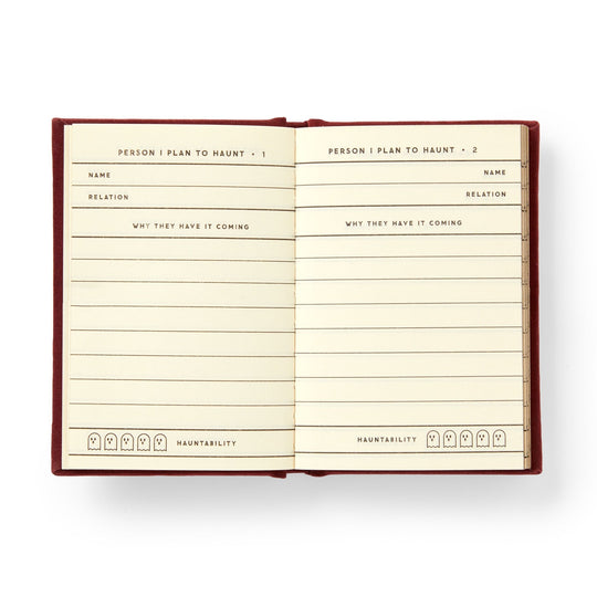 The Brass Monkey People I Plan To Haunt Tiny Diary is a spooky stationery featuring ghostly pages to list names, relations, reasons "why they have it coming," and a Hauntability rating with ghost icons—ideal for your haunting plans!.
