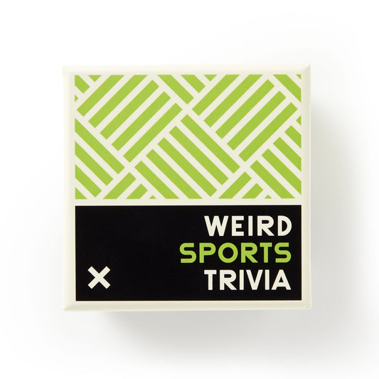A square box from Brass Monkey featuring a geometric green and white top. The black bottom displays WEIRD SPORTS TRIVIA in white and green—ideal for fans of obscure sports facts—with a small white X in the corner.