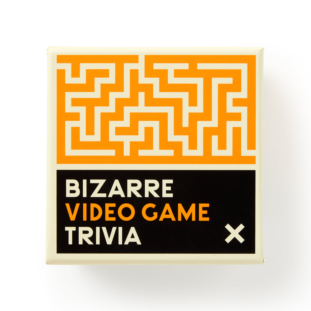 A box with an orange maze design on top and the text Bizarre Video Game Trivia in bold white and orange letters on a black background. Brass Monkey branding and a white X in the lower right corner hint at quirky video game facts inside.